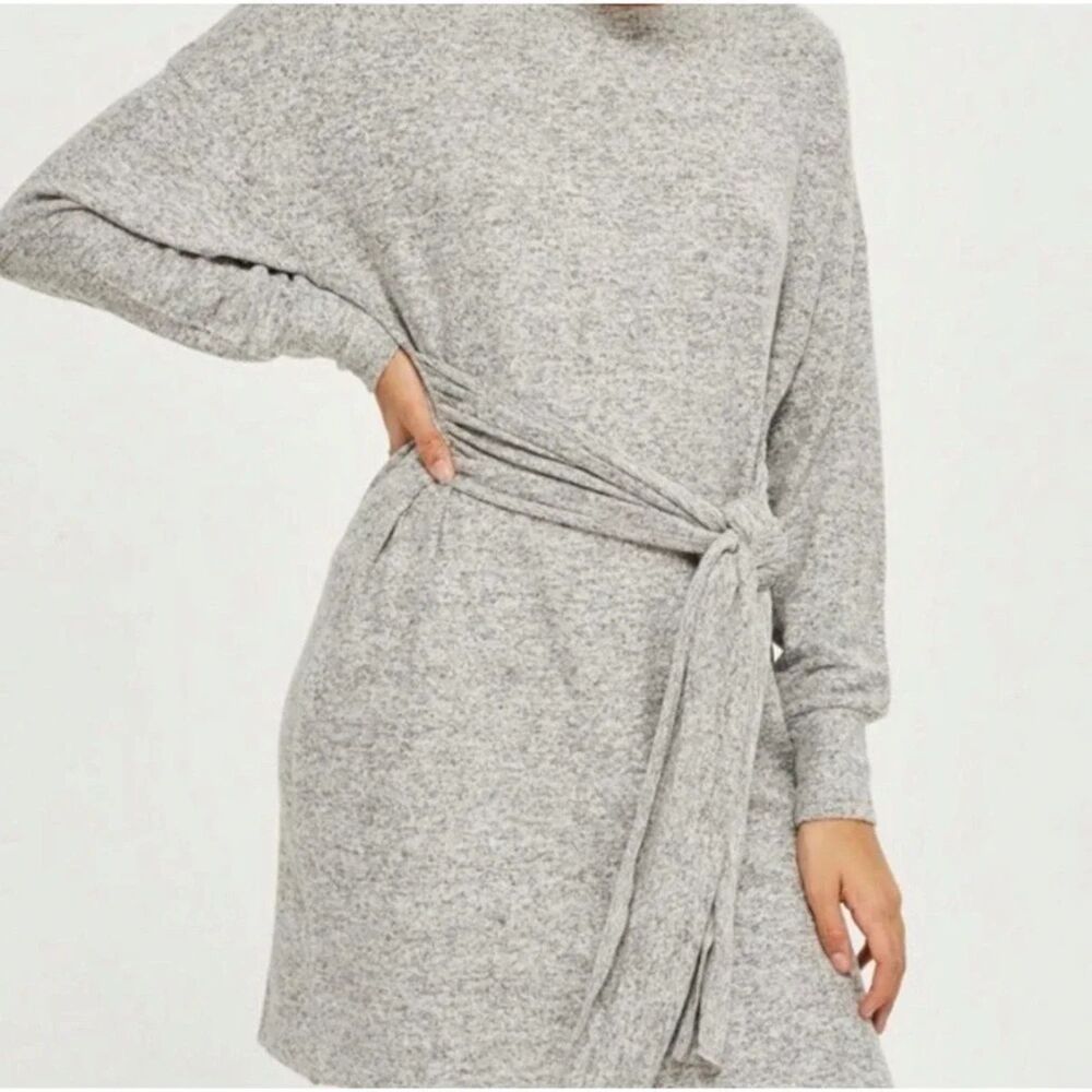 Topshop Gray Long Sleeve Tie Waist Dress Size 6 Preppy Athleisure Casual Cozy